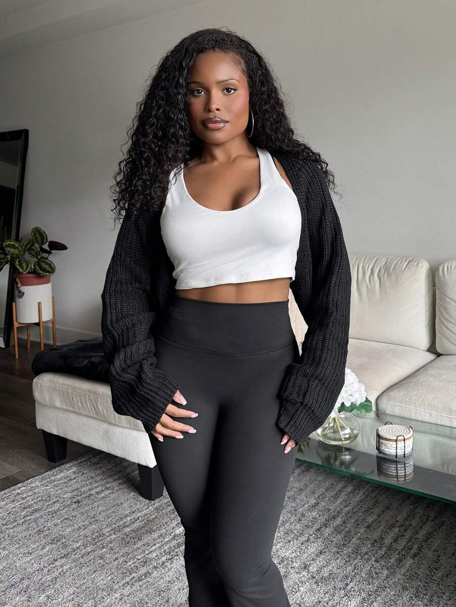 Tyla Gomez Cárdigan de mujer negro casual de 1 pieza con mangas de murciélago acanaladas, tops de manga larga en otoño/invierno - Negro - Ver 1