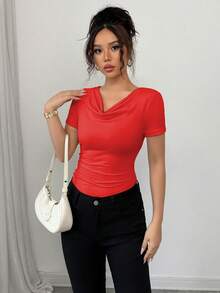 Elenzga Elegant Draped Neck Asymmetric Ruffle Short Sleeve T-Shirt, Summer - Red - View 4