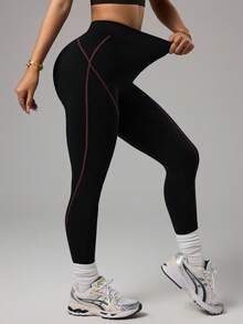 Slayform Leggings de sport sans couture, pantalon long style fermeture éclair, levage et mise en forme, collants de base de sport - Noir - Voir 7