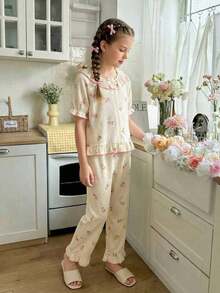 Conjunto de 2 piezas de ropa de estar en casa con cintura elástica y volantes con estampado floral para niñas - Albaricoque - Ver 3