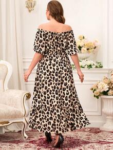 EMERY ROSE Chic Plus Size Leopard Print Midi Dress Off Shoulder Bishop Sleeve Slit Hem A Line Casual Style - Multicolor - View 4