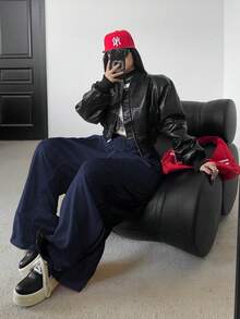 POPSWAY Quần nỉ thể thao dáng rộng kẻ sọc vàng cỡ lớn dành cho nữ, cạp cao, dây rút, ống rộng, mùa thu 2025. - Màu xanh hải quân - Xem 3