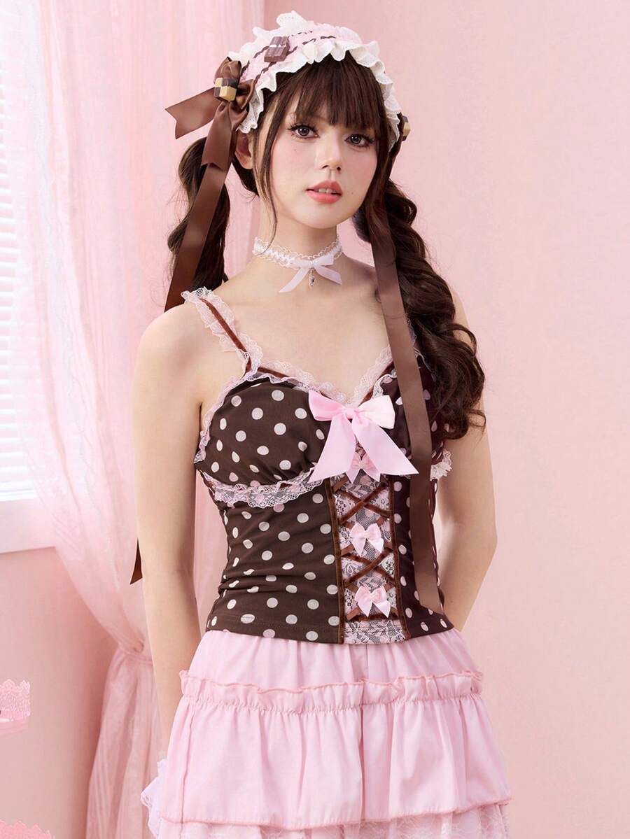 ROMWE Kawaii Áo ba lỗ chấm bi ren hoa cổ điển dành cho nữ - Nhiều màu - Xem 1