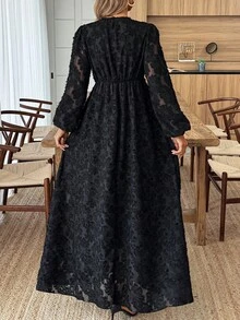 Louniche 女士V领撞色蕾丝纹理面料A字连衣裙，休闲度假风，春夏款 - 黑色 - 查看 2