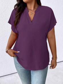 Breezaya 大码纯色V领蝙蝠袖简约夏季衬衫，适合新年穿着 - 紫色 - 查看 3