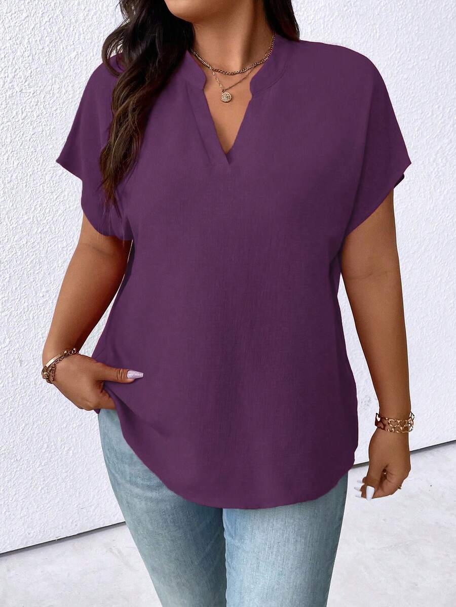 Breezaya 大码纯色V领蝙蝠袖简约夏季衬衫，适合新年穿着 - 紫色 - 查看 1