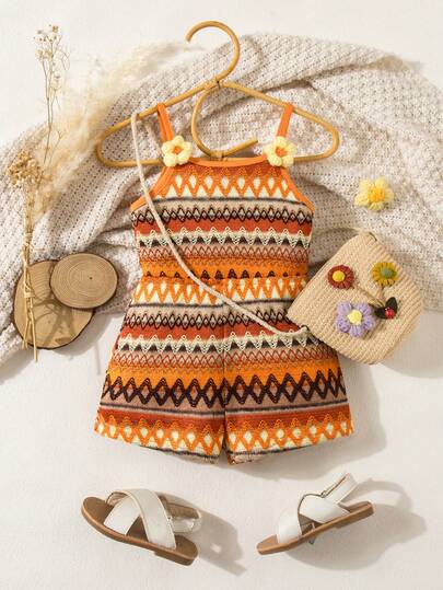 SHEIN Newborn Baby Girl Vacation Casual Knit Striped Floral Strap Romper