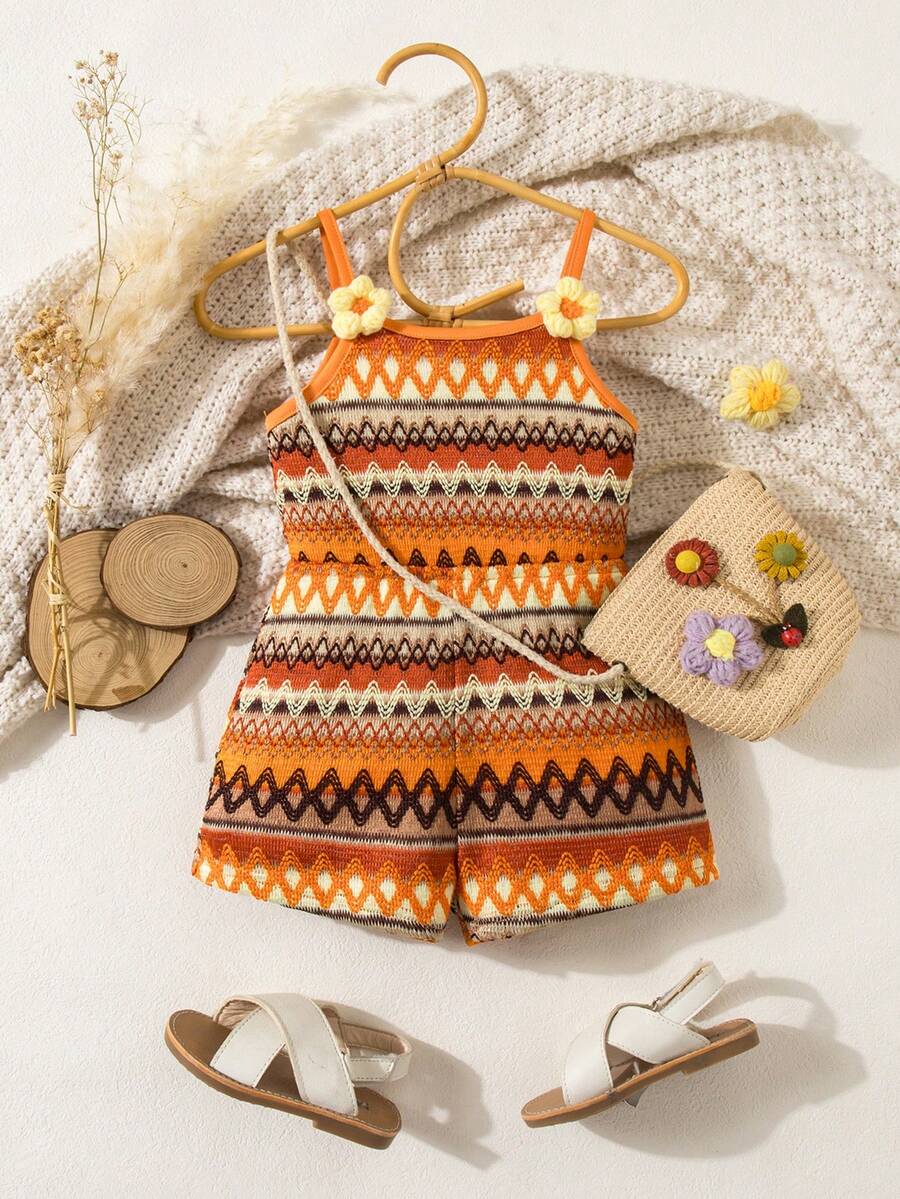 SHEIN Newborn Baby Girl Vacation Casual Knit Striped Floral Strap Romper Summer Baby Outfit Boho Toddler Romper Orange Baby Outfit Boho Baby Clothes - Orange - View 1