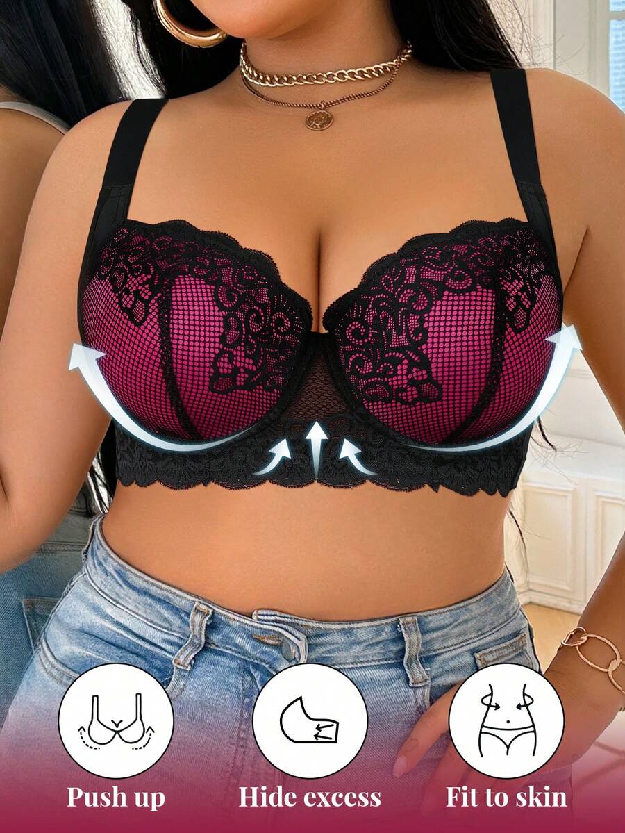 DesireSculpt 1pc Plus Size Lace Comfortable Seamless Supportive Underwire Bra - Multicolor - View 1