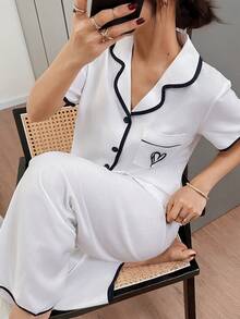 Dream Adore Heart Embroidery Casual Comfortable Short Sleeve Pants Cardigan Pajama Set, Spring/Autumn Curve Pajamas Set - Multicolor - View 5