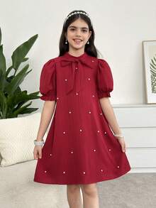Firerie Kids Tween Girls' Casual Everyday Commute Wine Red Beaded Pearl Collar Dress - Burgundy - View 2