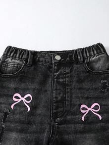 SHEIN ChillGRL Thời trang thiếu nữ tuổi teen mùa Thu Đông 2025: Quần jeans ống rộng rách thêu hình trái tim. - màu đen - Xem 8