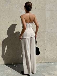 Siren Gaze 新款休闲通勤条纹抹胸上衣和裤子套装 - 杏色 - 查看 2