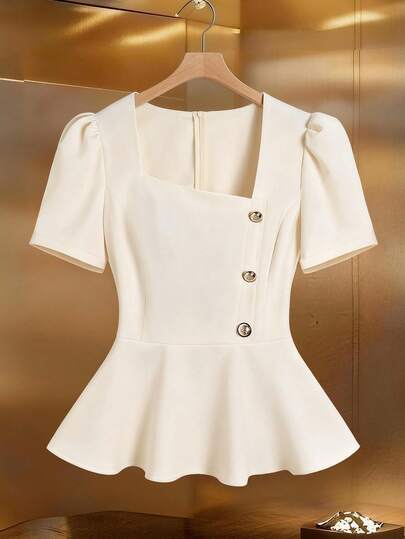 GlowEve CURVE Regalyn Plus Size Women Asymmetric Collar Bubble Short Sleeve Casual Solid Color Blouse, Fabric For Women In Spring, Summer And Autumn