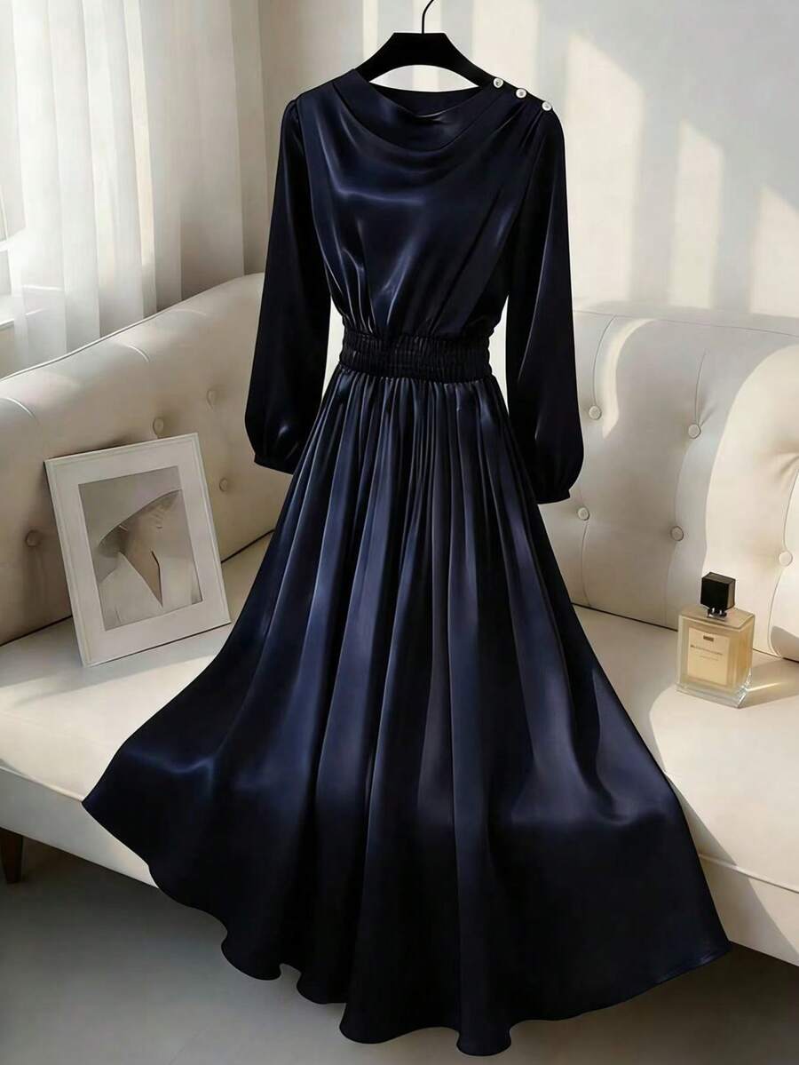 Chiquease Damen Minimalistische elegante Maxikleid mit Taillenschwung - Königsblau - Übersicht 1