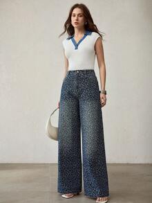 MOTF PREMIUM WOMEN'S FASHIONABLE LEOPARD JACQUARD WIDE LEG JEANS - Blue - View 4