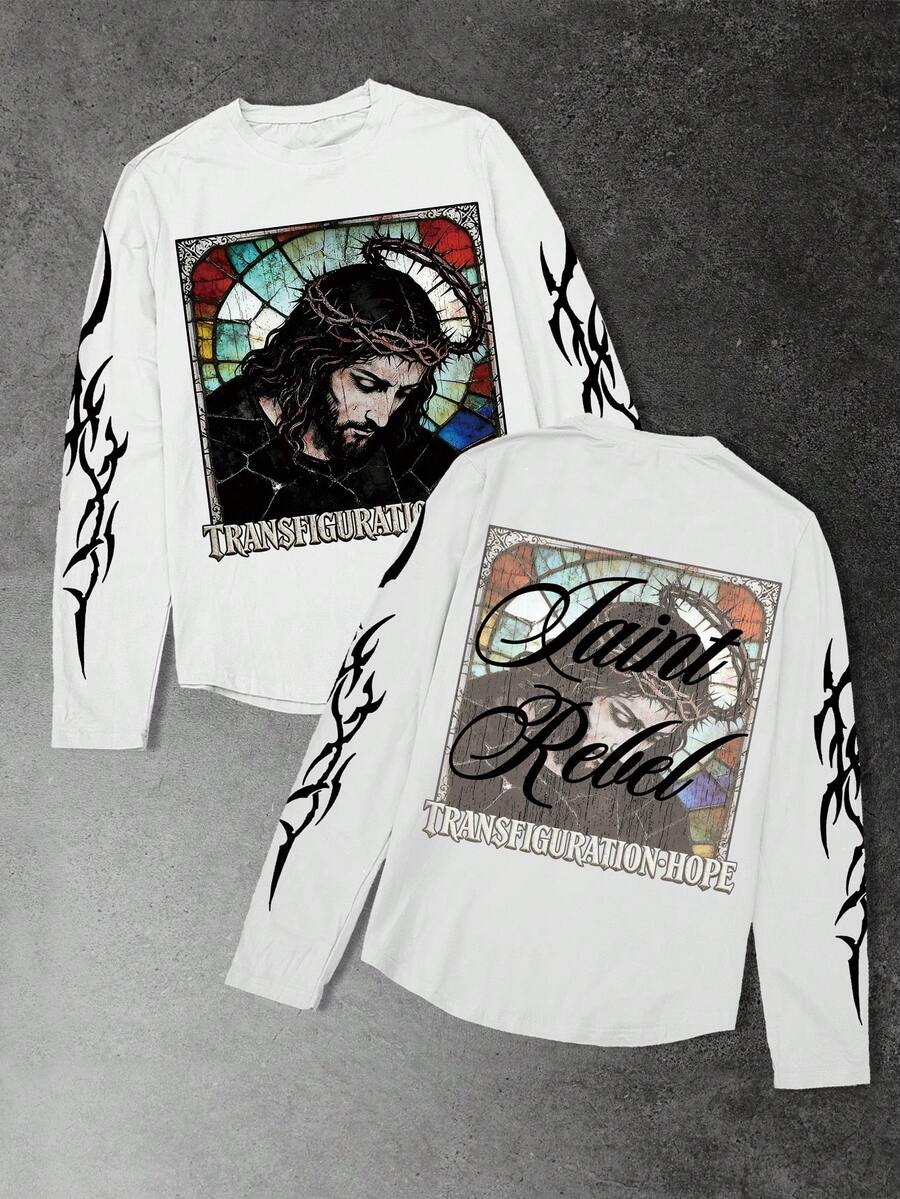 GENIUS ODE 街头风暗黑天使印花长袖T恤，宽松圆领男士图案T恤 - 白色 - 查看 1