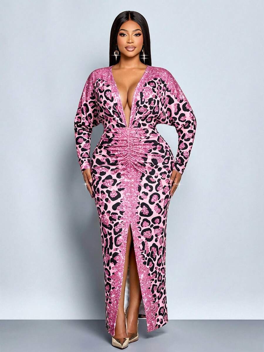 SOLERSUN 大码女式豹纹深V领蝙蝠袖褶皱开衩下摆性感时尚连衣裙，长款连衣裙，长袖腰包及臀部性感长裙，黑色咖啡色不规则渐变豹纹针织面料，前中高开衩，派对礼服，舞会礼服，婚礼宾客礼服，秋冬季，2026，新年 - 粉色 - 查看 1