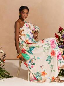 Zivah 2026春季新款音乐节印花不对称领长袖连衣裙 - 杏色 - 查看 6