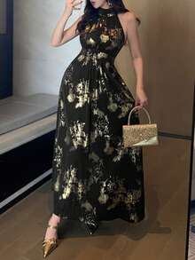 DAZY 女士无袖印花面料收腰优雅中长连衣裙夏季长裙 - 黑色 - 查看 7