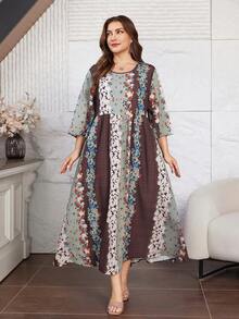 SHEIN Lacomfia Đầm ngắn tay in hoa dáng rộng thoải mái dành cho nữ cỡ lớn - Nhiều màu - Xem 4