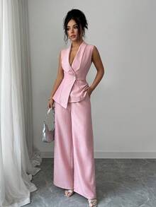 Elenzga Women's Pink Sleeveless Top & Wide Leg Pleated Pants 2 Pieces Set - Pink - View 8