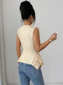 Elenzga Stylish Sleeveless Knit Sweater Top, Asymmetric Hem Design, Fitted Waist, Versatile & Fashionable - Apricot - View 2