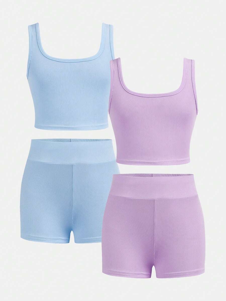 SHEIN Girlism Tween Girl Fitted Casual Round Neck Tank Top And Bike Shorts Set - Multicolor - View 1