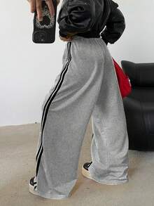 POPSWAY Plus Size Lazy Sports Style Yellow Striped Sweatpants For Women, High Waist Drawstring Loose Wide Leg Pants, Autumn 2025 - Light Grey - View 2