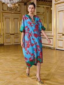 LOTSLUV فستان نسائي أنيق بتصميم كتل اللون والزهور بياقة على شكل حرف V وأكمام قصيرة فضفاض بحافة غير متماثلة طول الركبة باللون الأزرق والأخضر والأحمر - البحيرة الزرقاء - مشاهدة 4