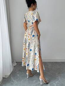 Elenzga 女士优雅花卉褶皱荷叶袖收腰A字连衣裙，度假风 - 杏色 - 查看 2