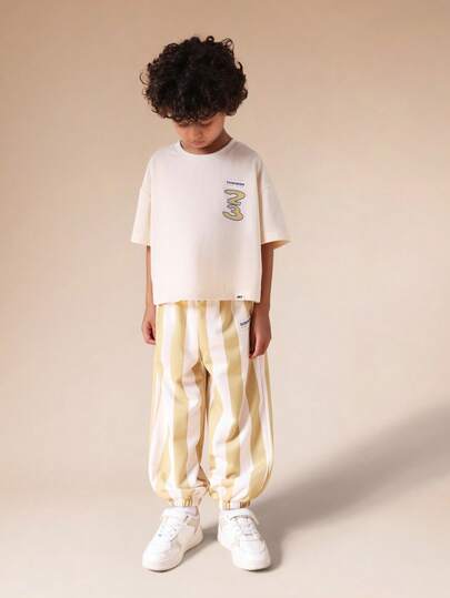  SUMWON Boys Oversized T-Shirt And Striped Jogger Pants Co-Ord Set Casual Everyday Wear Chest Print Top With Elastic Waist Bottom Vacation