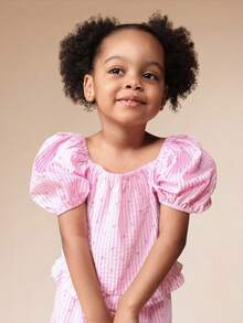 SUMWON Girls Puff Sleeve Off Shoulder Top And Wide Leg Palazzo Pants Set Striped Cotton Summer Casual Outfit With Ruffle Details Vacation - Pink - View 3