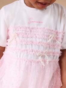 SUMWON Girls Short Sleeve Graphic Tee With Pink Text Print And Tulle Overlay Detail For Spring Summer Casual Wear Vacation - Baby Pink - View 5