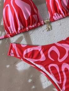 Swim Mod 两件套女士甜美可爱露背吊带比基尼上衣和常规三角比基尼泳裤套装，夏季度假 - 玫紅色 - 查看 3