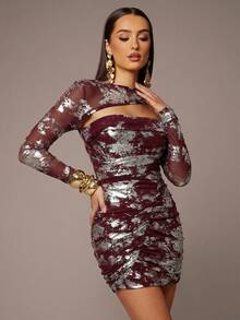 Silquee Đầm dạ hội mùa Thu/Đông in họa tiết kim loại, ôm sát, xếp ly, cổ bất đối xứng, gợi cảm, khoét hở, thanh lịch và quyến rũ, thích hợp cho Ngày Valentine, tiệc tùng, hẹn hò lãng mạn, sự kiện cocktail. - Màu Đỏ Sâu - Xem 5