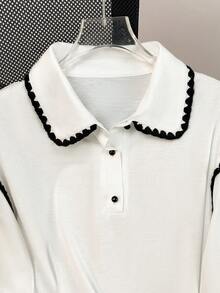 GlowEve Women's Floral Trim Polo Collar Short Sleeve Casual Versatile T-Shirt - White - View 5