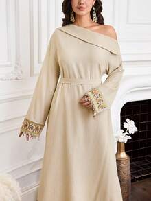 Al Najma New Design Oblique Shoulder Embroidered Tie Waist Slimming Dress, Suitable For Vacation, Party, Gathering, Elegant Daily Wear - Khaki - View 5