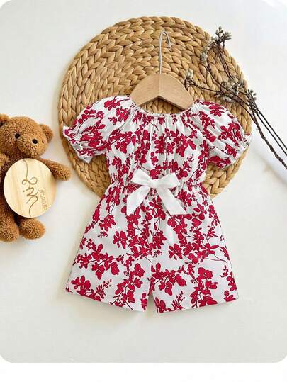 SHEIN Baby Girl Cute Floral Print Short Sleeve Romper