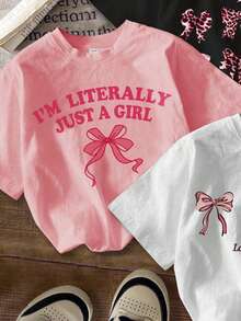 SHEIN 3 件装年轻女孩休闲卡通蝴蝶结印花短袖圆领 T 恤，适合夏季 - 彩色 - 查看 3