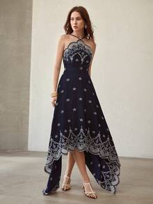 MOTF PREMIUM WOMEN'S NAVY BLUE EMBROIDERED ASYMMETRICAL HEM MIDI DRESS WITH HALTER NECK - Navy Blue - View 4