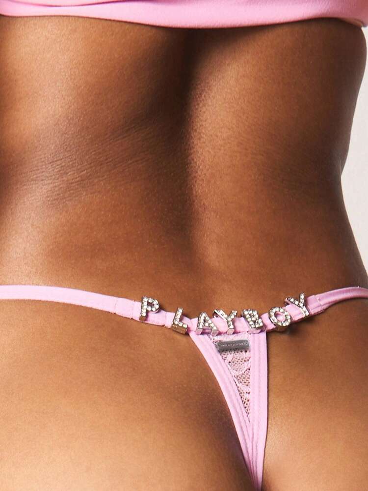 Missguided x Playboy Delicate Lace Thong With Diamante Letter Trim Detail Intimate Lingerie Underwear For Valentine