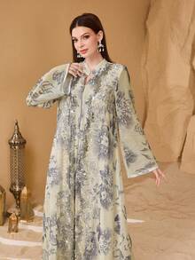 SHEIN Najma 优雅刺绣拼接宽松印花舒适女式连衣裙 - 杏色 - 查看 5