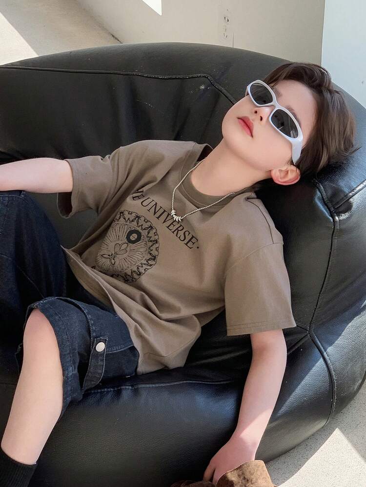 Tween Boy Casual Daily Commute Letter Print Dropped Shoulder Loose Short Sleeve T-Shirt, Summer