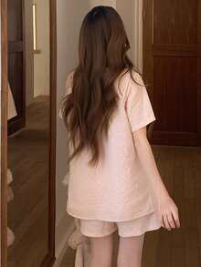 DAZY 女士可爱波点印花系领娃娃衫睡衣套装 - 粉色 - 查看 2