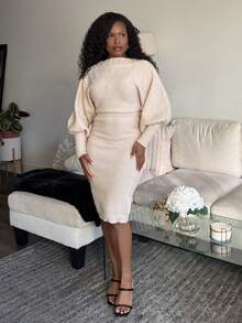 Tyla Gomez New Knitted Button Up Lantern Sleeve Sexy Fitted Casual Dress For Women - Apricot - View 5