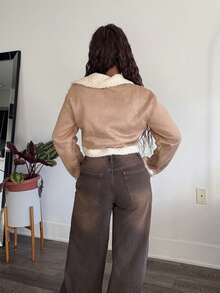 Tyla Gomez 春季服装泰迪衬里拉链卡其色机车夹克秋冬 - 卡其色 - 查看 2