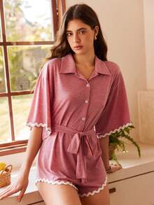 Lullawish Women's Pajamas Set Dusty Pink,Summer,Casual,Lounge Short Sleeve Bohemian Style Contrast Color Ruffle Decor Comfortable Jumpsuit Pajama Shirt Pj Sets - Rusty Rose - View 6