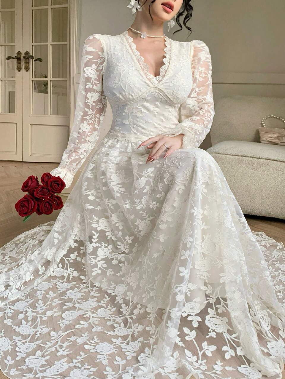 Women's V-Neck Lace Patchwork Waist Cinched Long Sleeve Maxi Elegant Party Dress Sundress