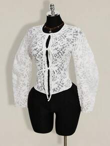SHEIN ICON Women's Fashionable Lace See-Through Front Tie Blouse, Summer - White - View 3